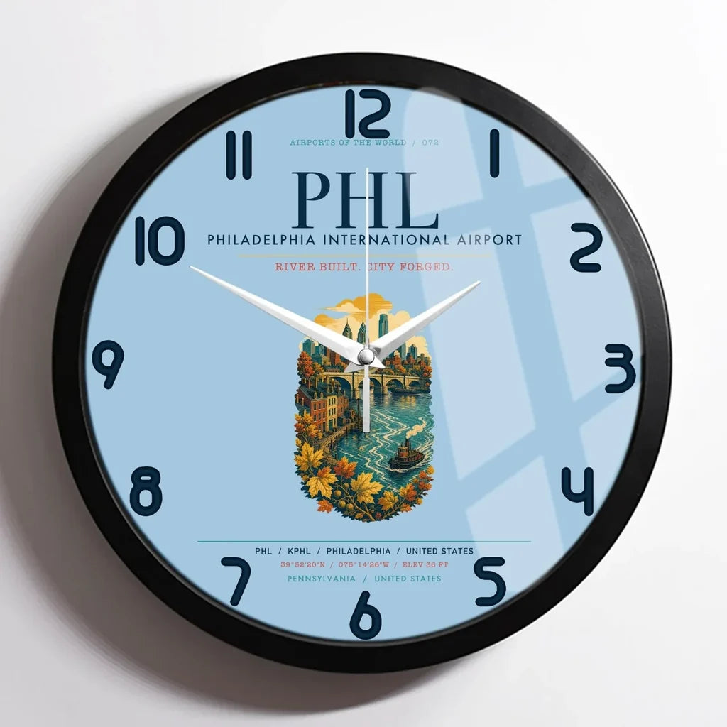 Philadelphia International Airport (PHL) design on light blue framed wall clock