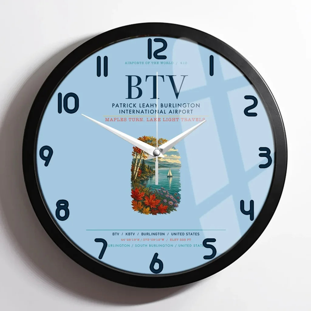 Patrick Leahy Burlington International Airport (BTV) design on light blue framed wall clock