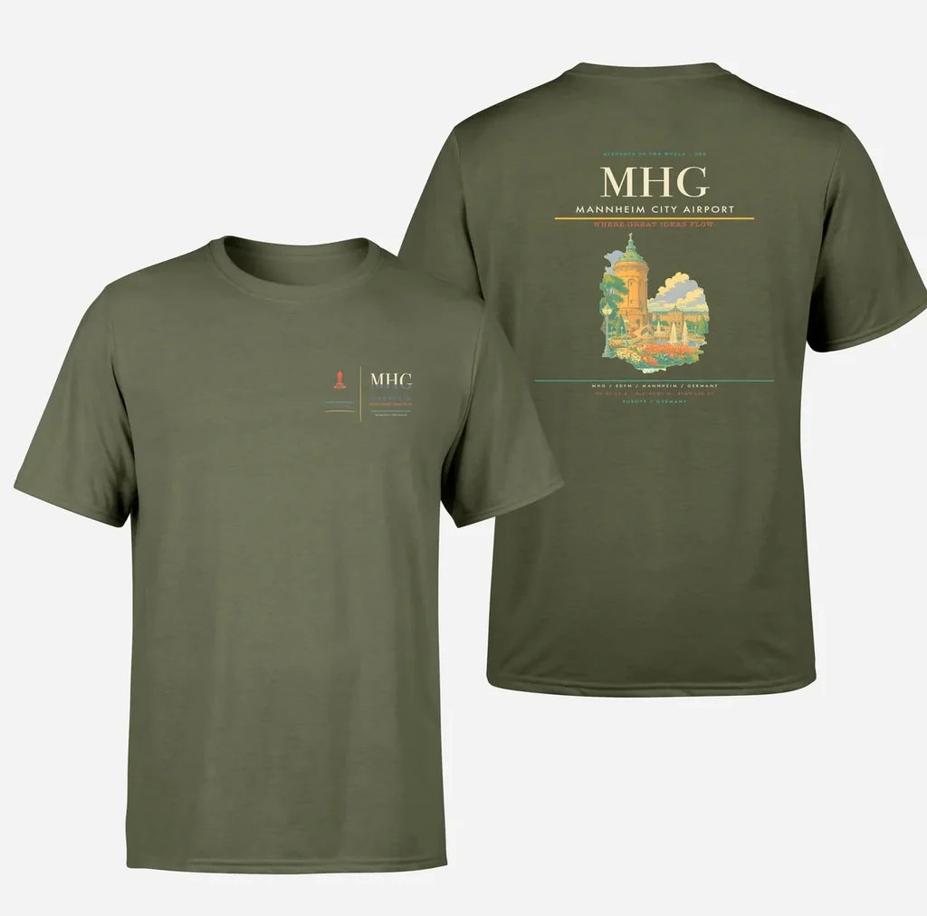Mannheim City Airport (MHG) design printed on green army double-side t-shirt