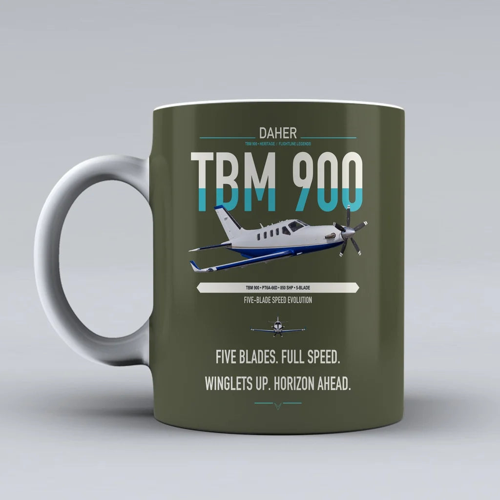Daher TBM 900 design on green army ceramic mug, double-side print