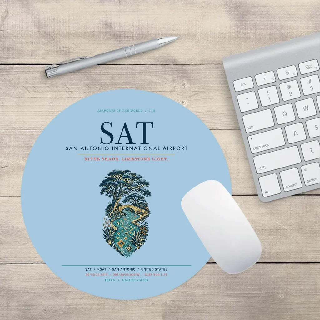 San Antonio International Airport (SAT) design on light blue round mouse pad