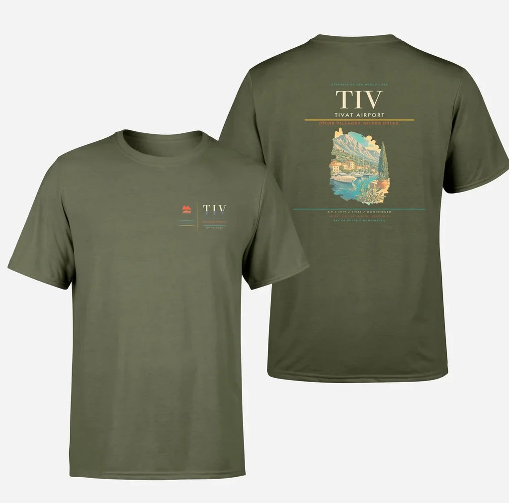 Tivat Airport (TIV) design printed on green army double-side t-shirt