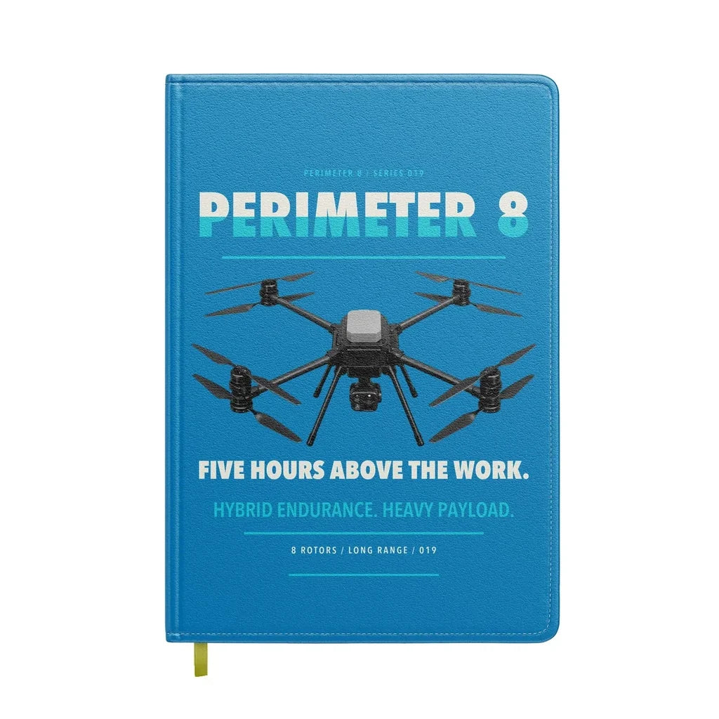Skyfront Perimeter 8 design on turquoise notebook