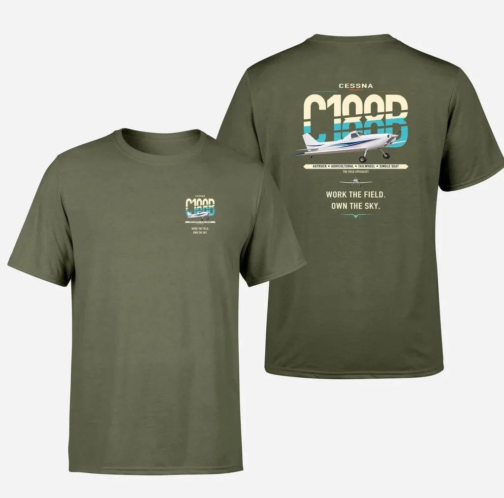 Cessna A188B AgTruck design on green army t-shirt, double-side print