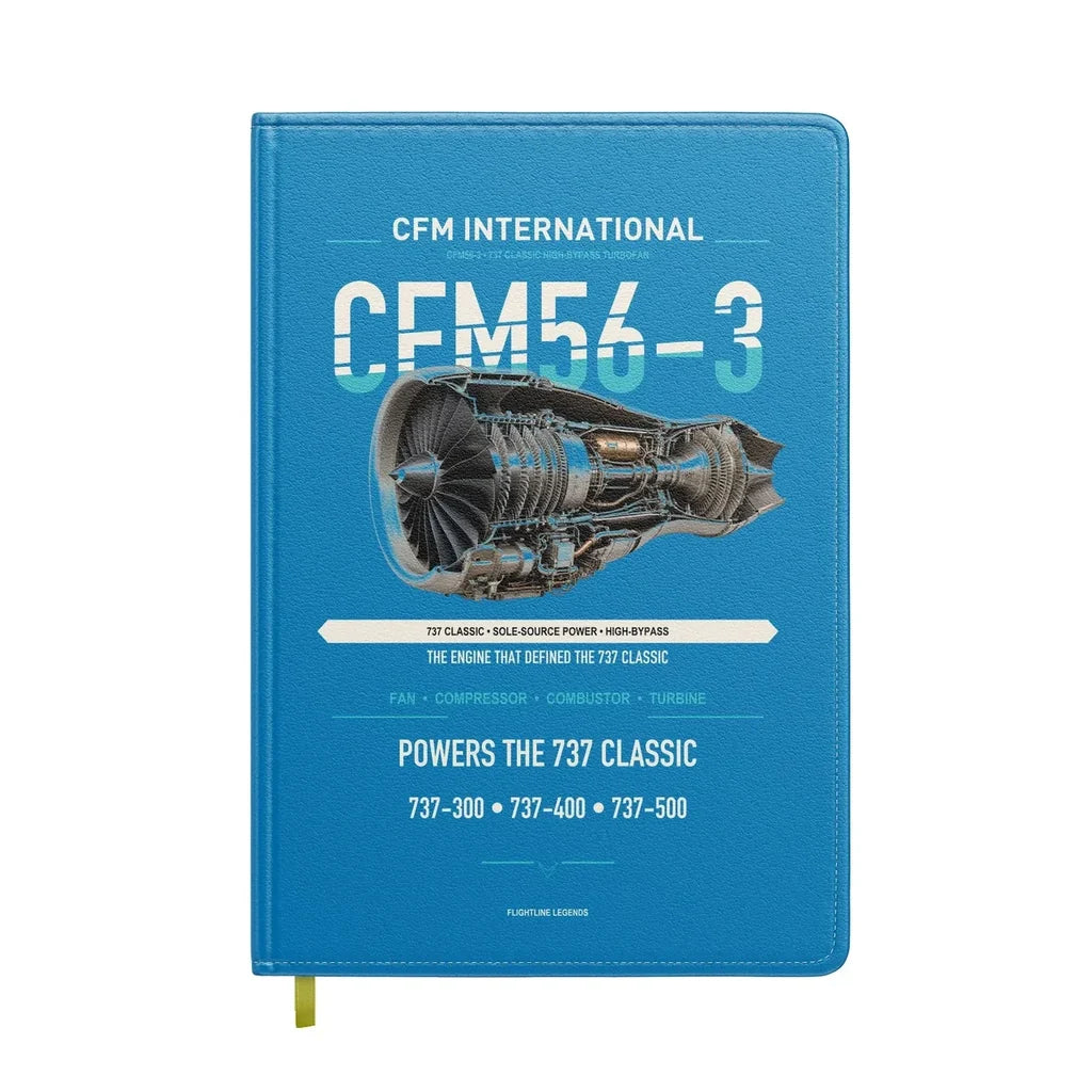 CFM56-3 design on turquoise notebook