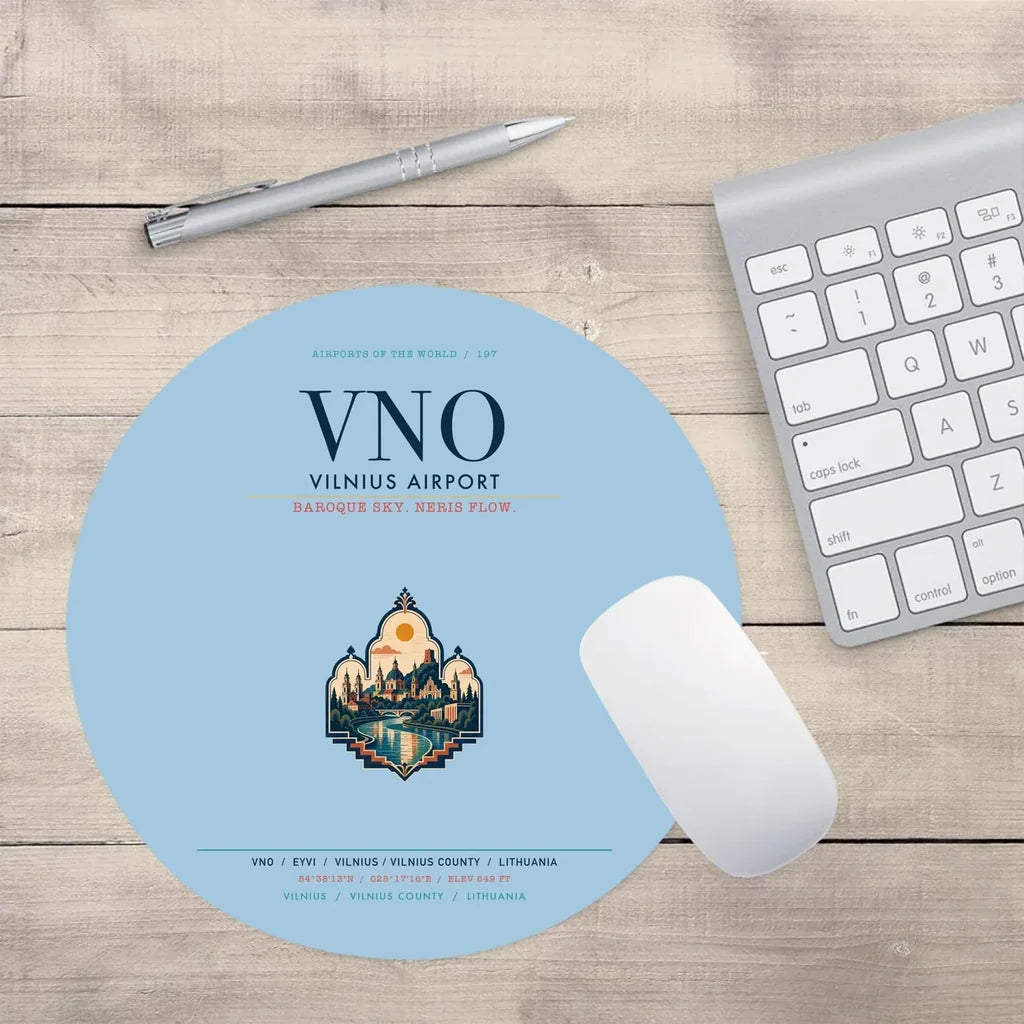 Vilnius Airport (VNO) design on light blue round mouse pad