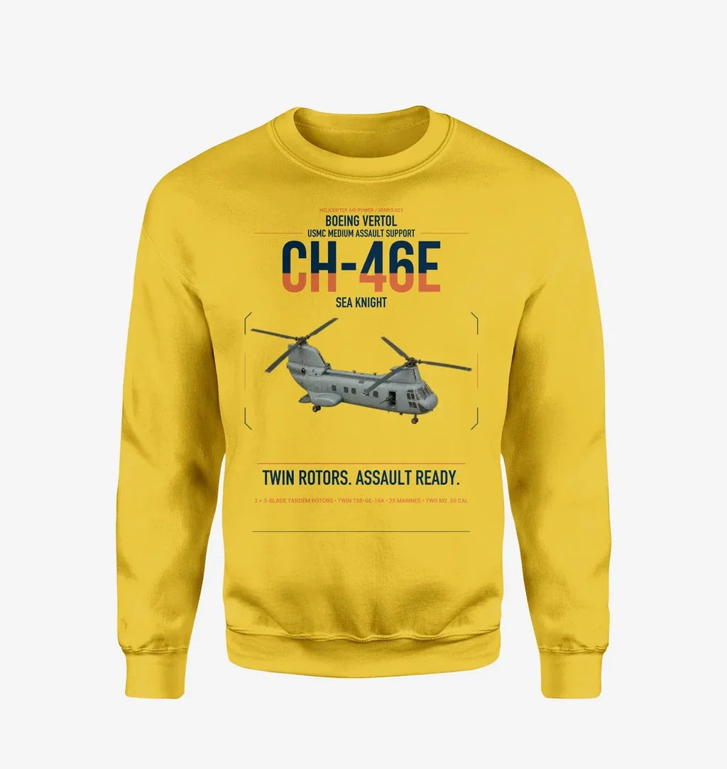 Boeing Vertol CH-46E Sea Knight design on yellow sweatshirt