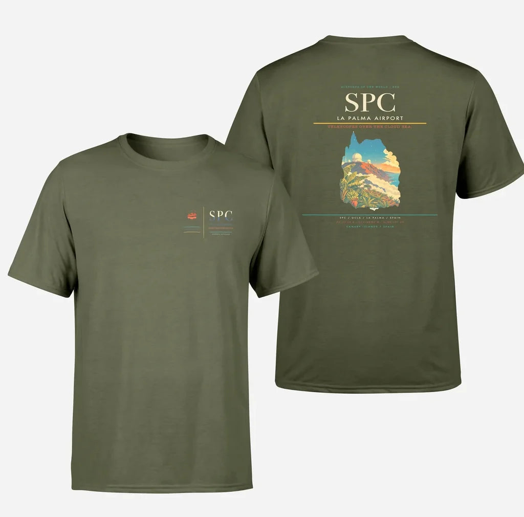 La Palma Airport (SPC) design printed on green army double-side t-shirt