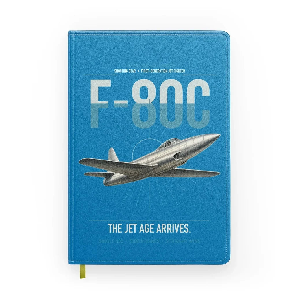 F-80C Shooting Star design on turquoise notebook