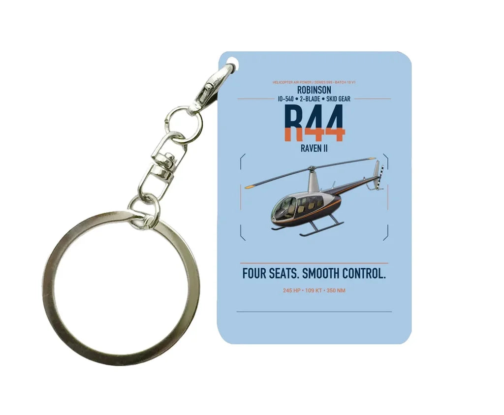 Robinson R44 Raven II design on light blue designed key chain, double-side print