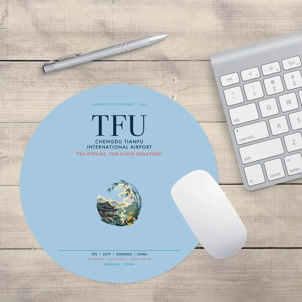 Chengdu Tianfu International Airport (TFU) design on light blue round mouse pad