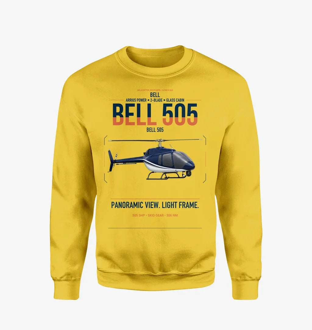 Bell 505 design on yellow sweatshirt