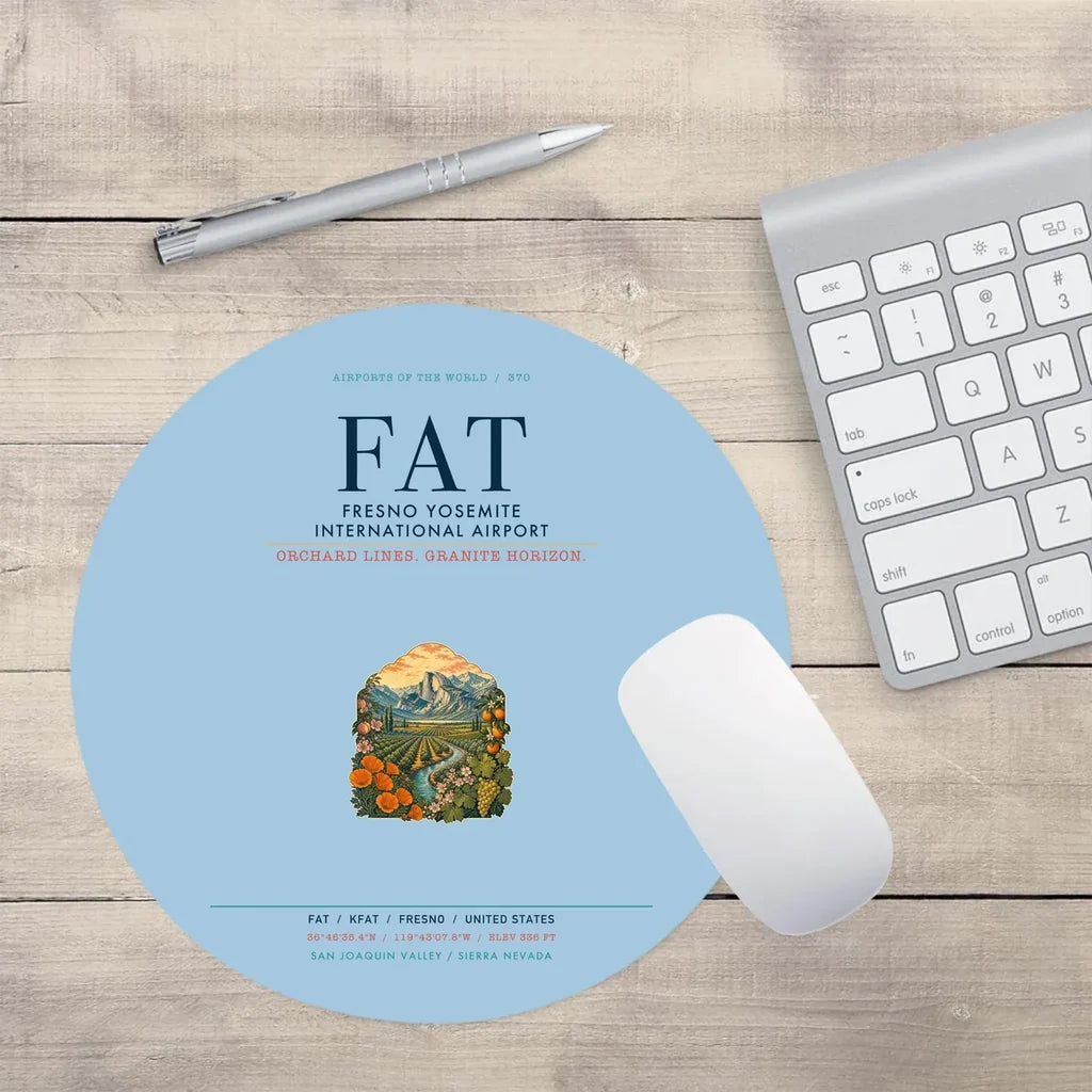 Fresno Yosemite International Airport (FAT) design on light blue round mouse pad