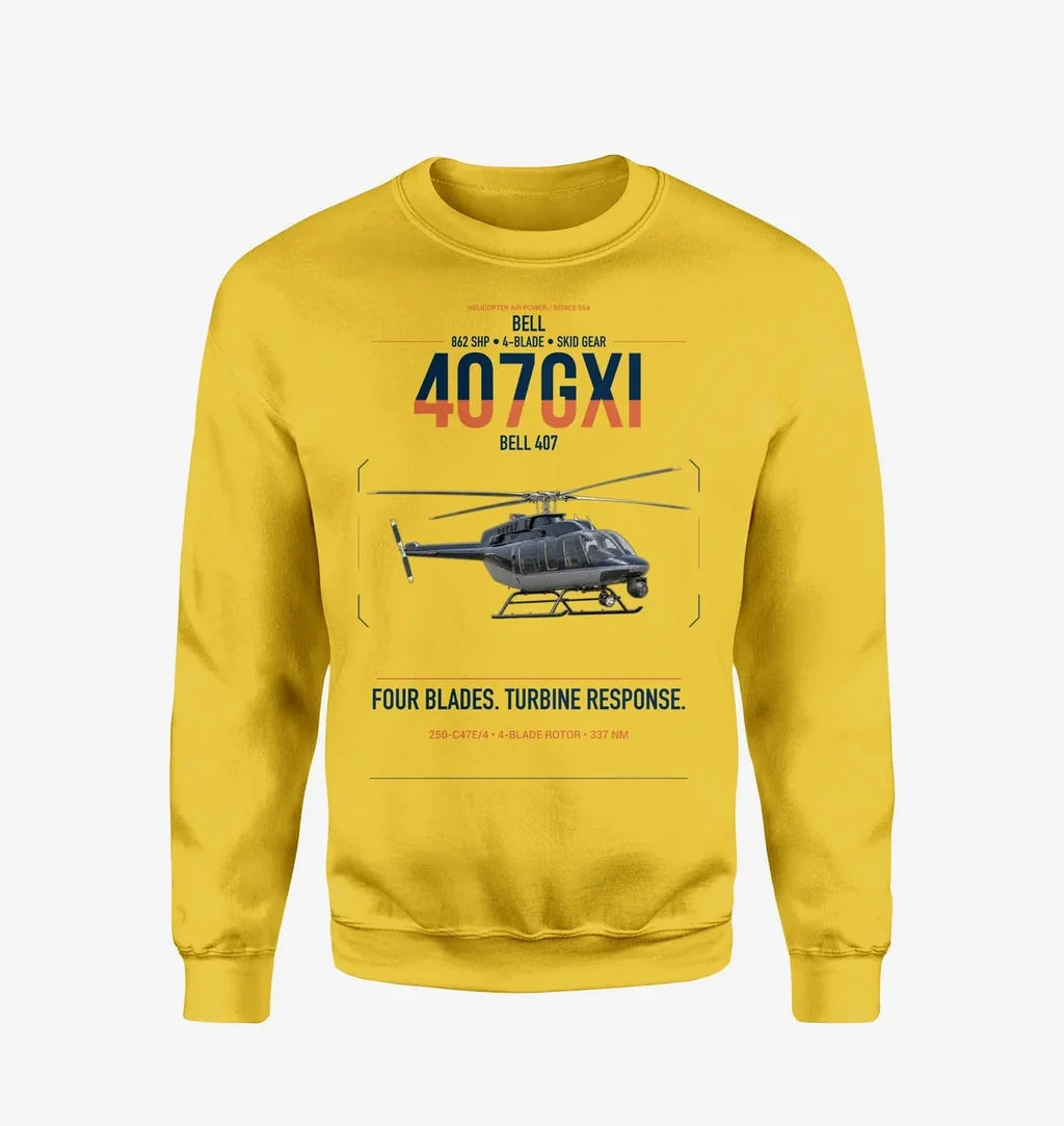 Bell 407GXi design on yellow sweatshirt