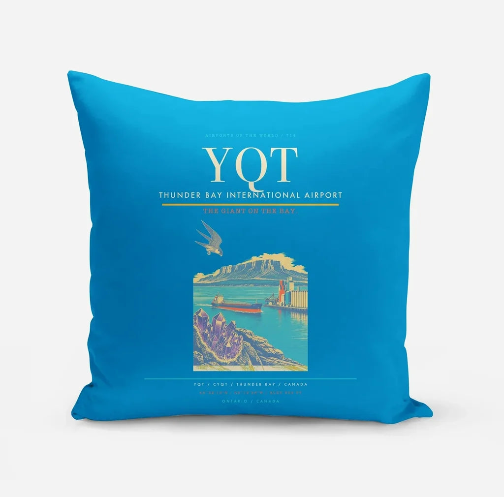Thunder Bay International Airport (YQT) design on turquoise pillow