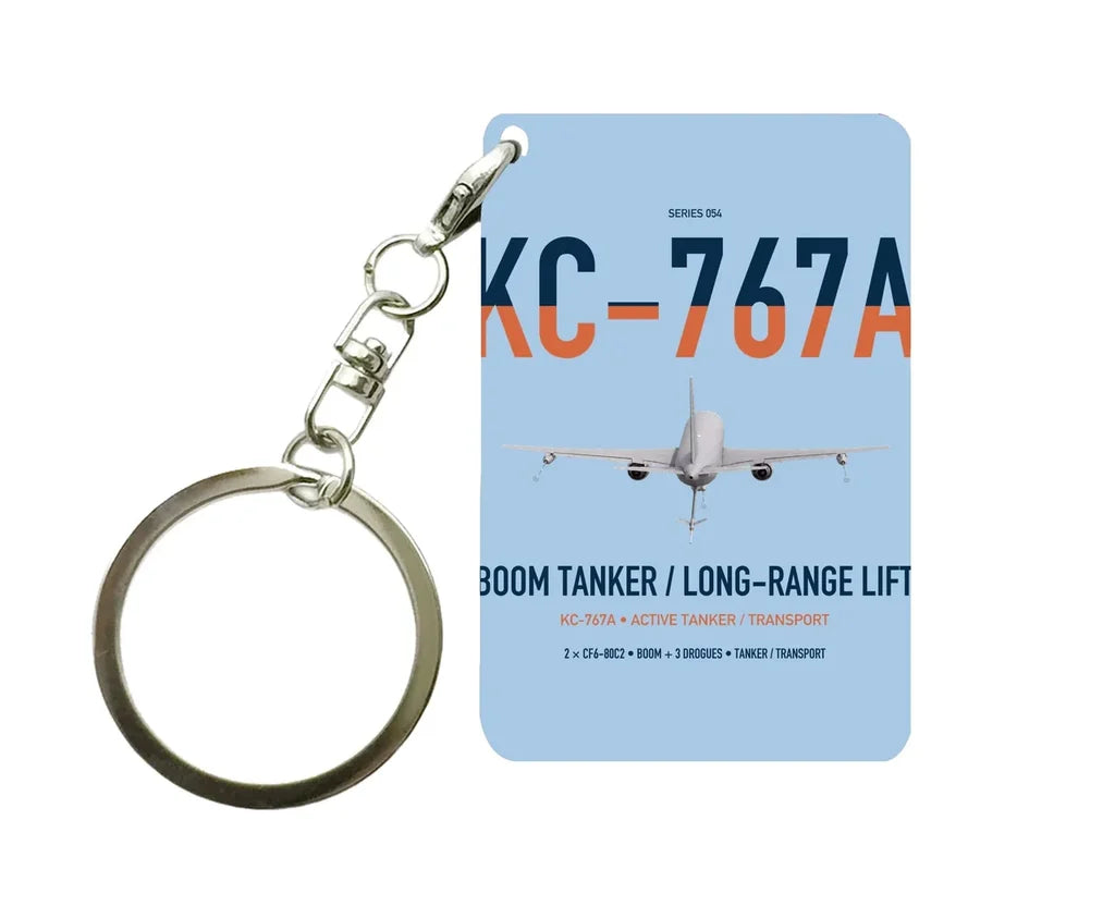Boeing KC-767A design on light blue designed key chain, double-side print