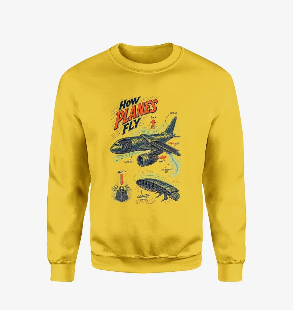How Planes Fly V2 design on yellow sweatshirt