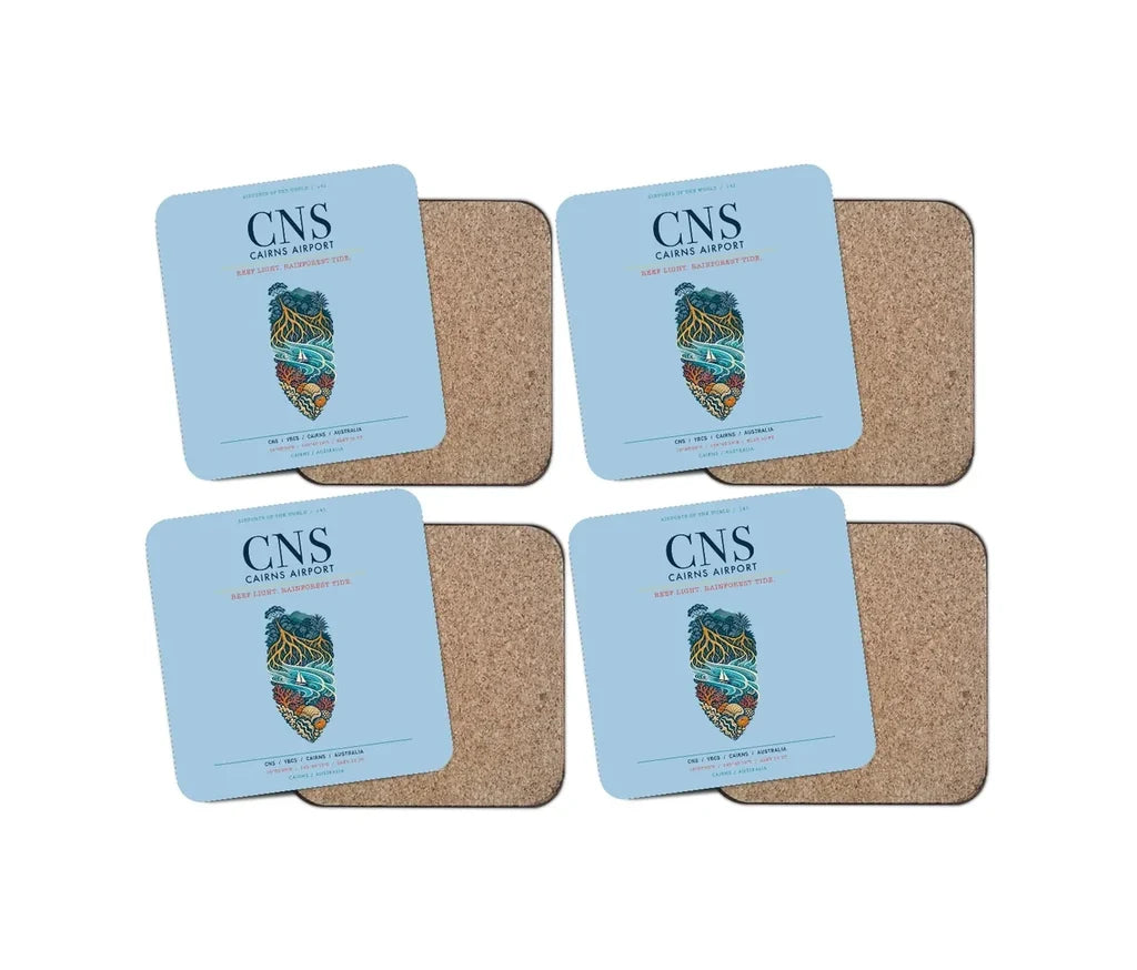 Cairns Airport (CNS) design on light blue 4 pieces set coaster