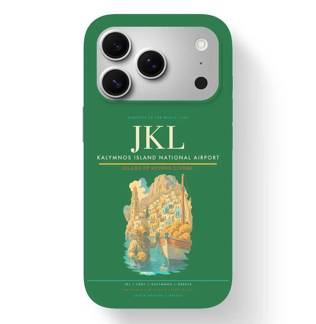 Kalymnos Airport (JKL) design on green iPhone 17 Pro MagSafe case