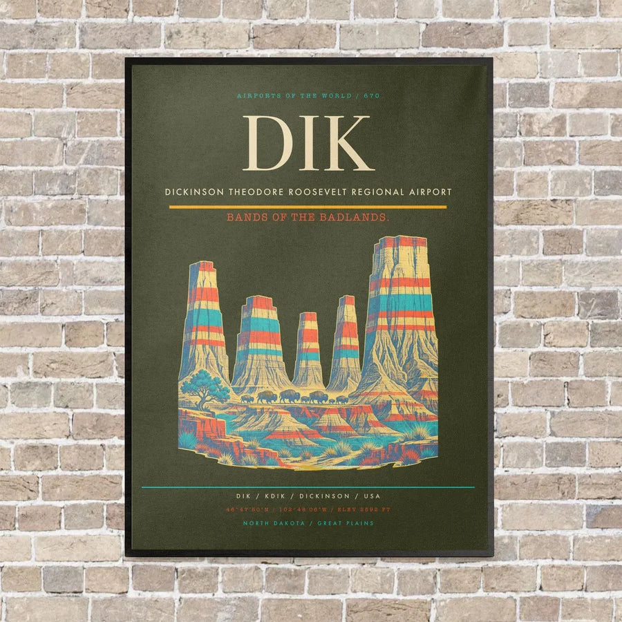 Dickinson Theodore Roosevelt Regional Airport DIK vertical canvas print - framed - green army background
