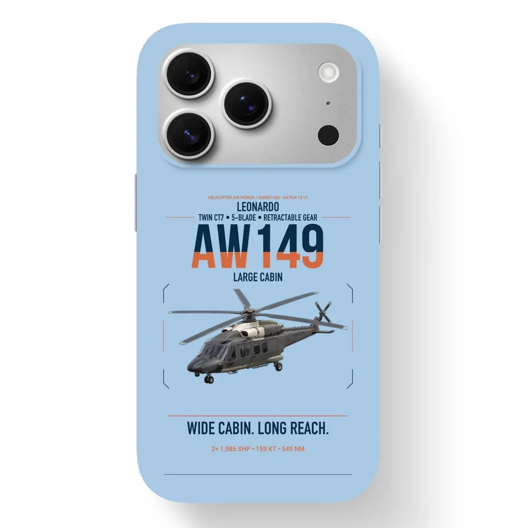 Leonardo AW149 design on light blue magsafe iphone case, for iPhone 17 Pro
