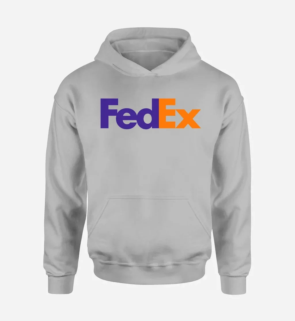 FedEx logo printed on light gray hoodie