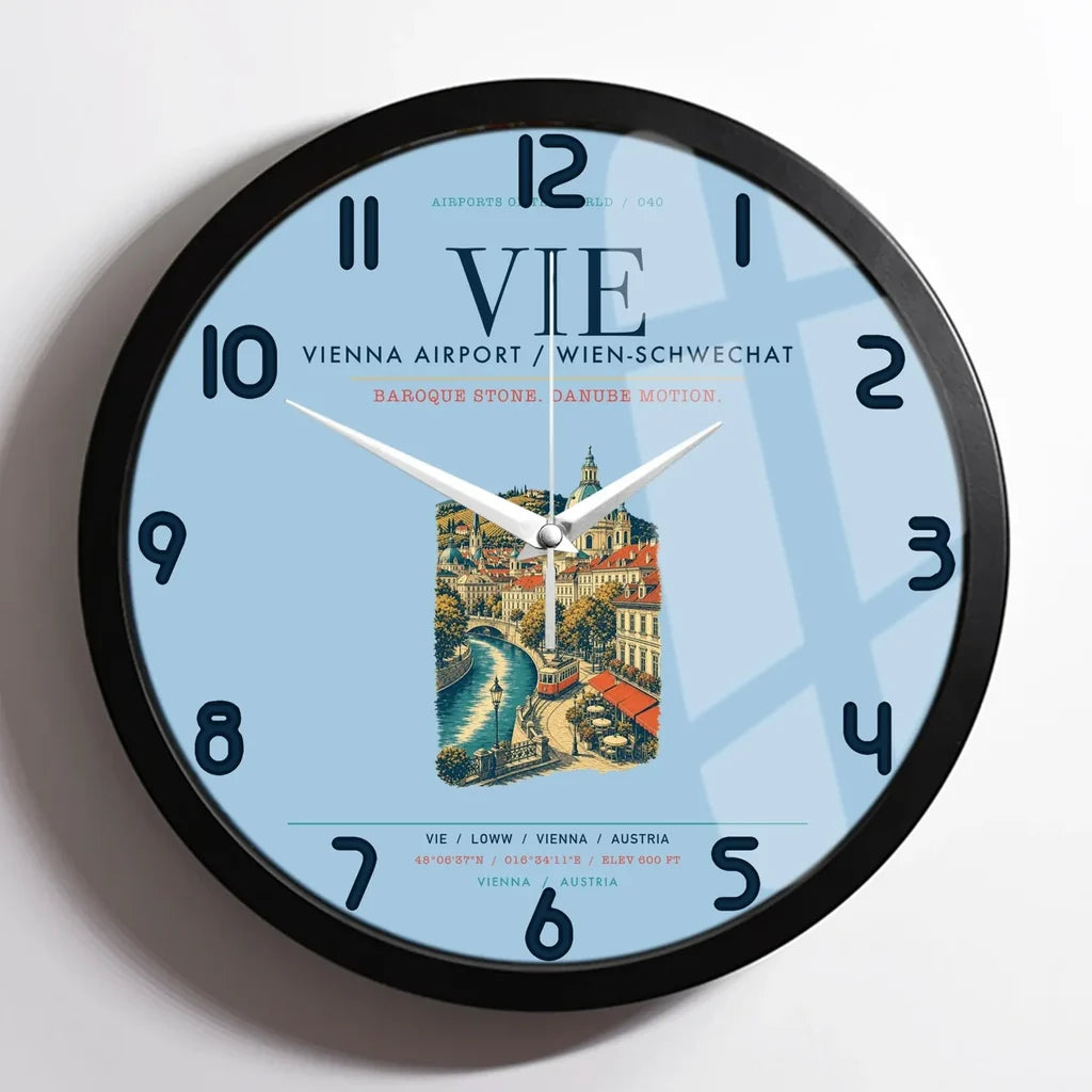 Vienna Airport (VIE) design on light blue framed wall clock