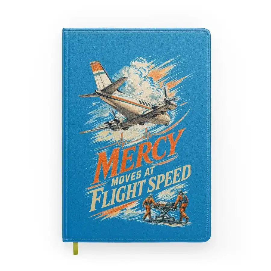 Mercy Moves At Flight Speed design on turquoise notebook