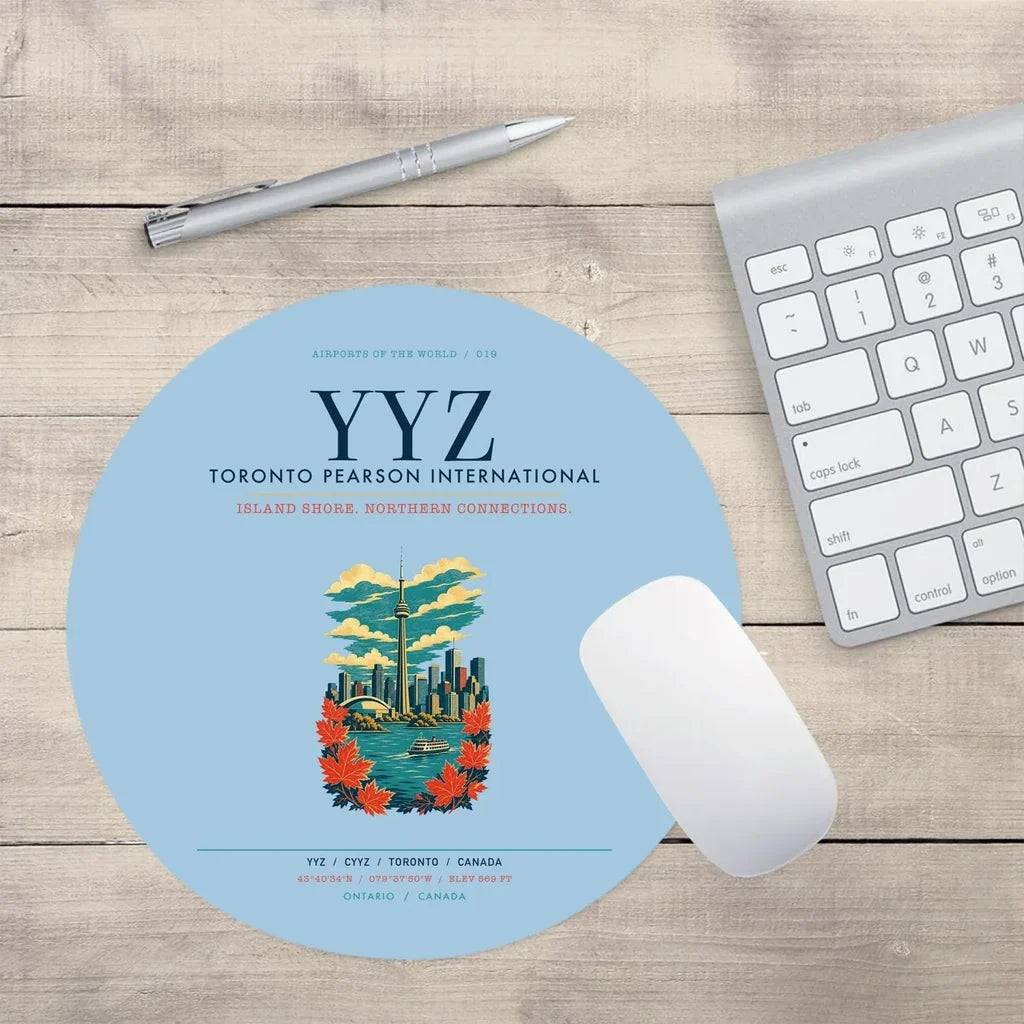 Toronto Pearson International Airport (YYZ) design on light blue round mouse pad