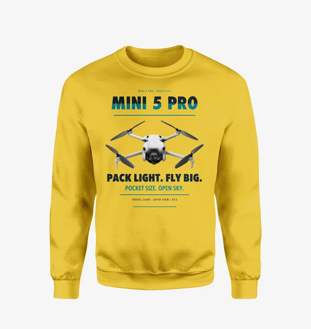 DJI Mini 5 Pro design on yellow sweatshirt