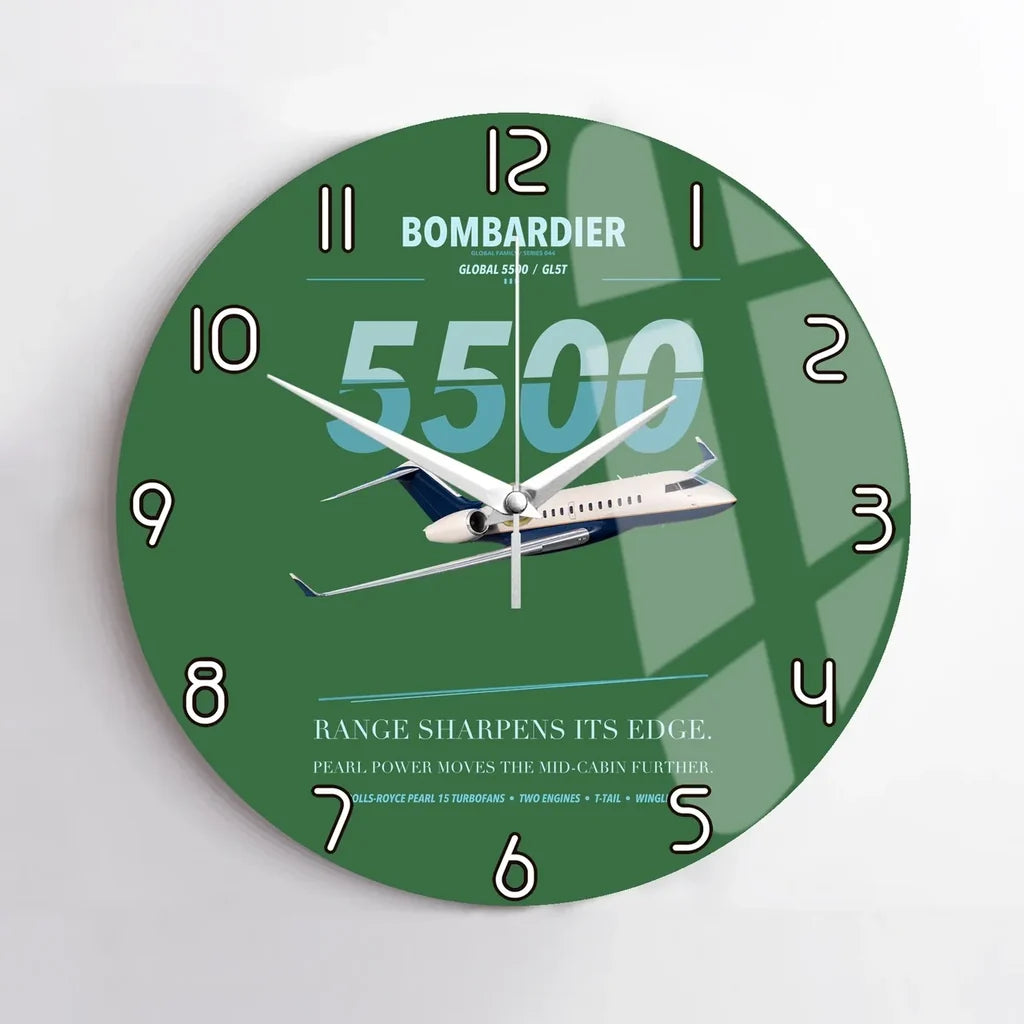 Bombardier Global 5500 design on green no frame wall clock