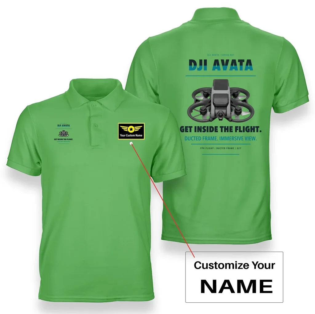 DJI Avata design on light green polo with custom name badge