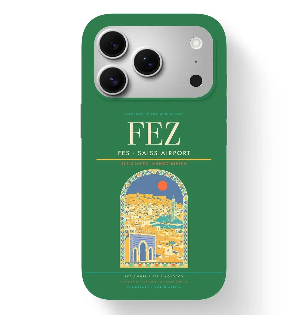 Fez Airport (FEZ) design on green iPhone 17 Pro MagSafe case
