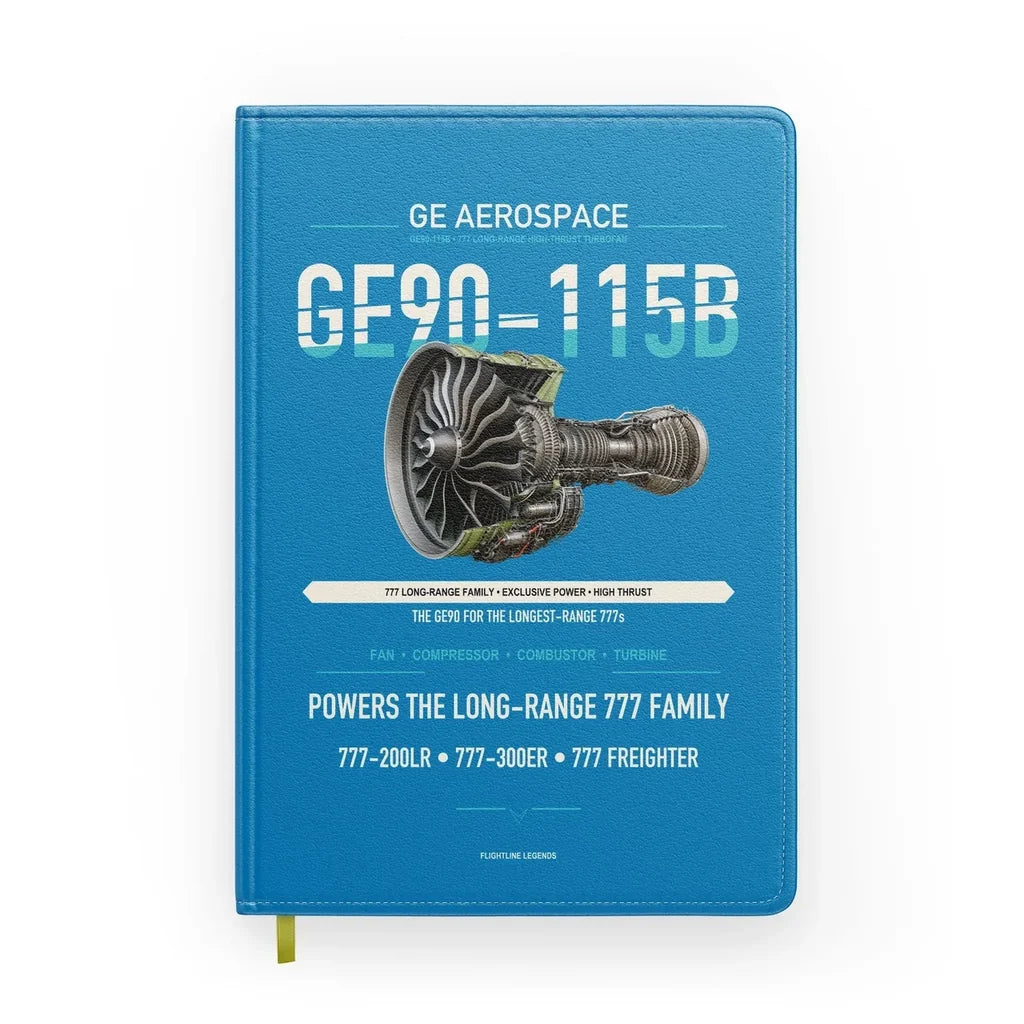 GE90-115B design on turquoise notebook