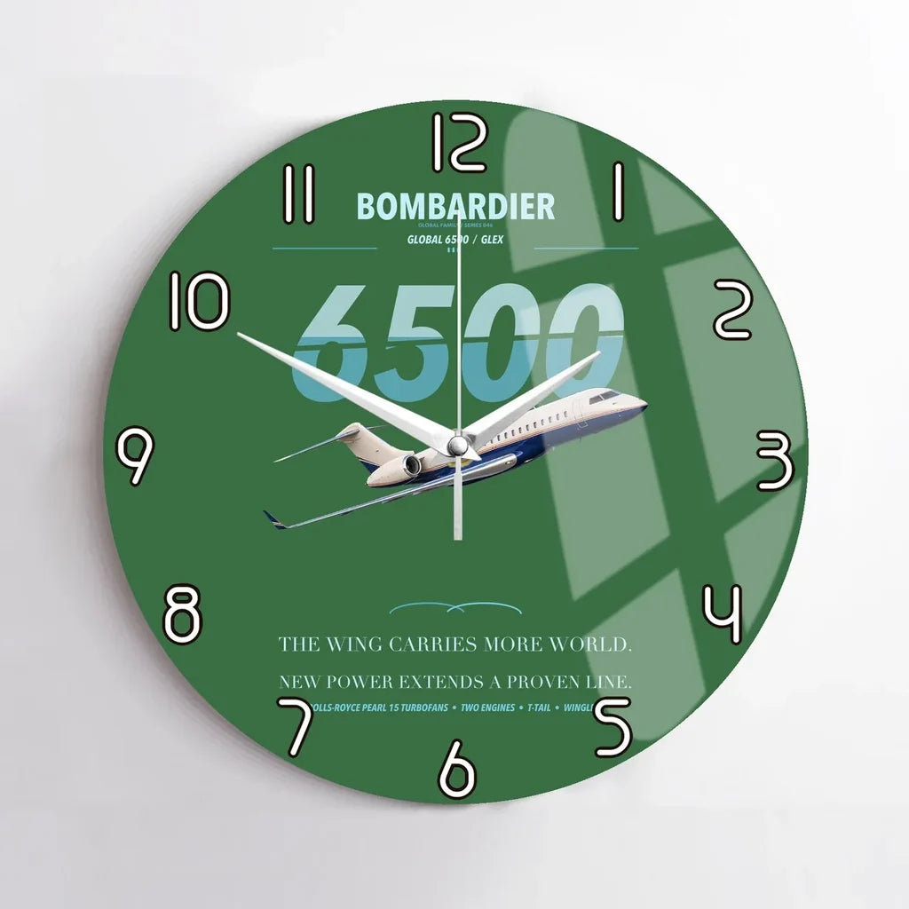 Bombardier Global 6500 design on green no frame wall clock