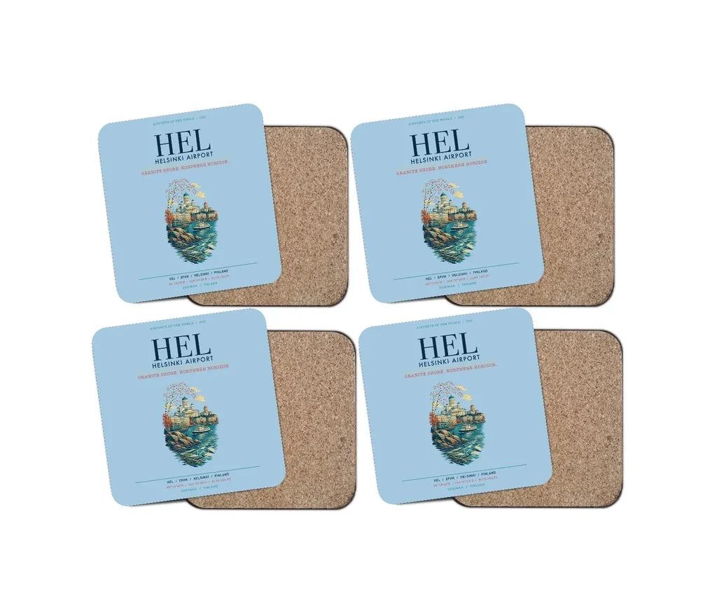 Helsinki Airport (HEL) design on light blue 4 pieces set coaster