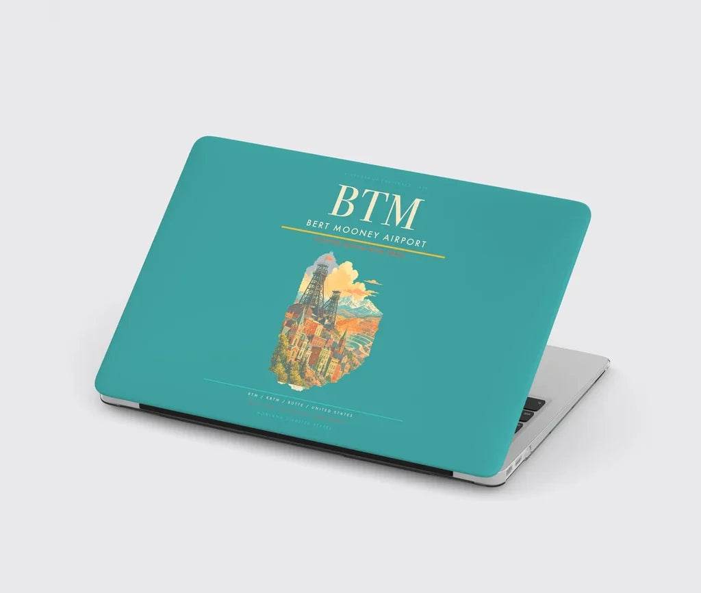 Bert Mooney Airport (BTM) design on turquoise MacBook case