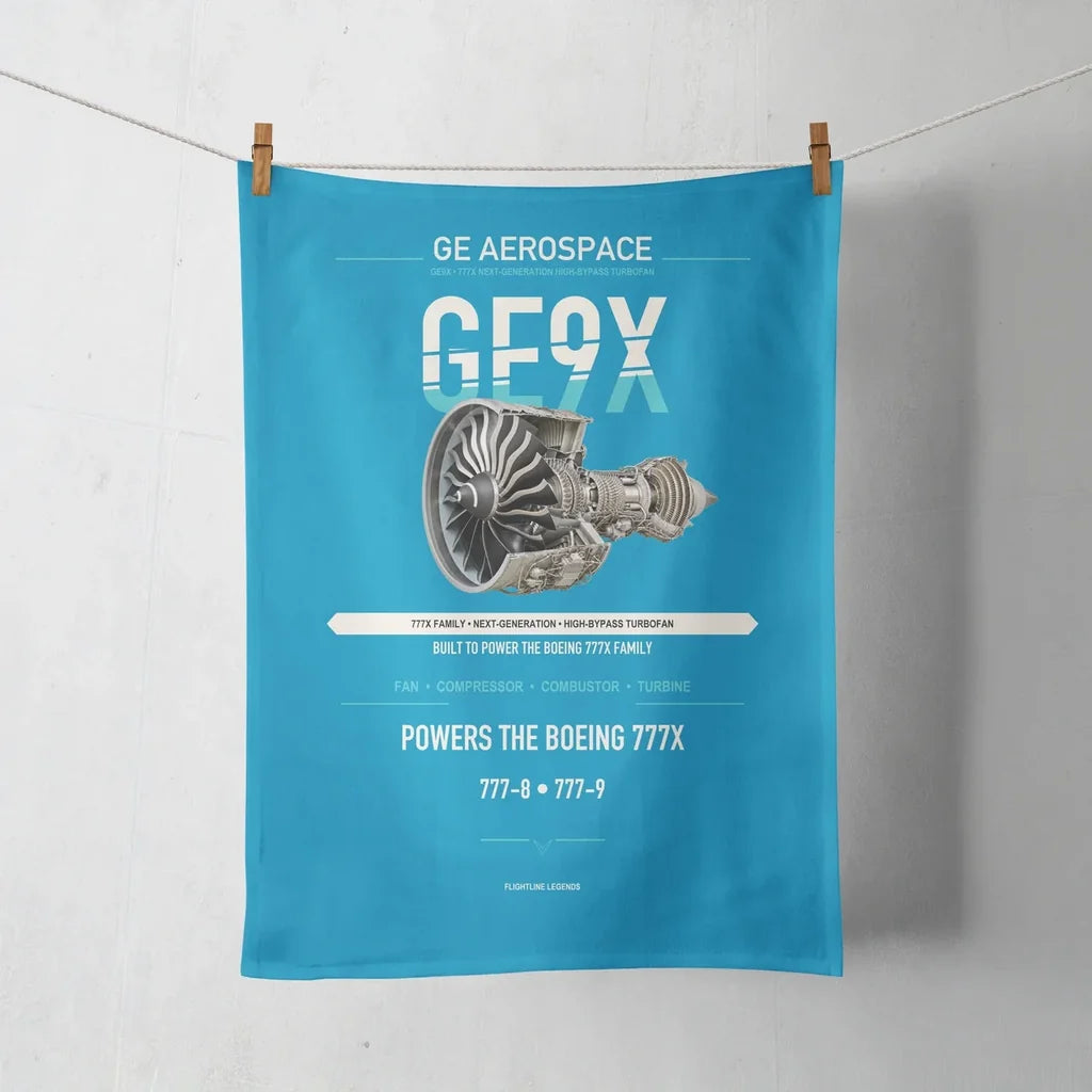 GE9X design on turquoise towel