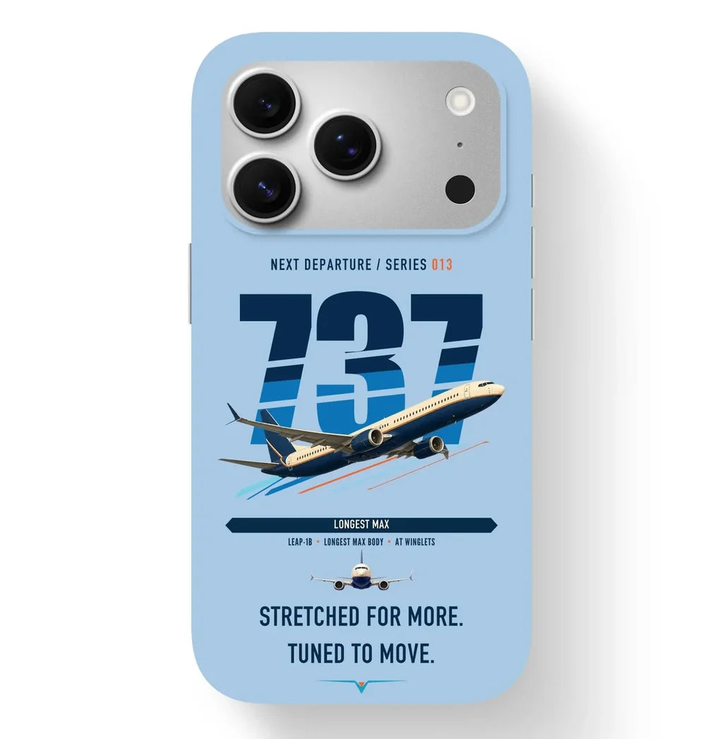 Boeing 737 MAX 10 design on light blue magsafe iphone case