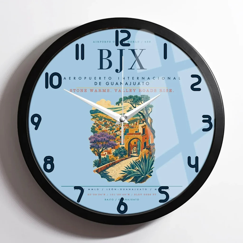 Aeropuerto Internacional de Guanajuato (BJX) design on light blue framed wall clock