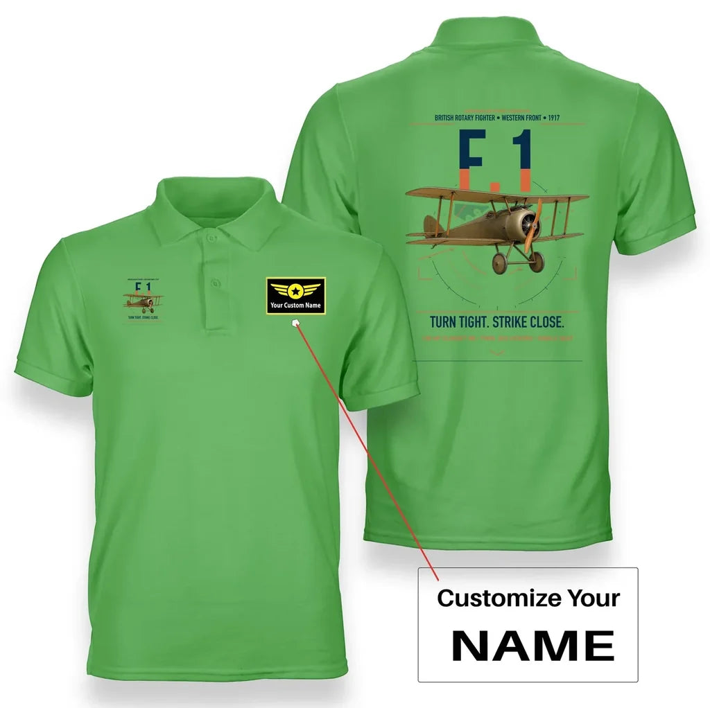 Sopwith Camel F.1 design on light green+name double-side polo t-shirt, double-side print