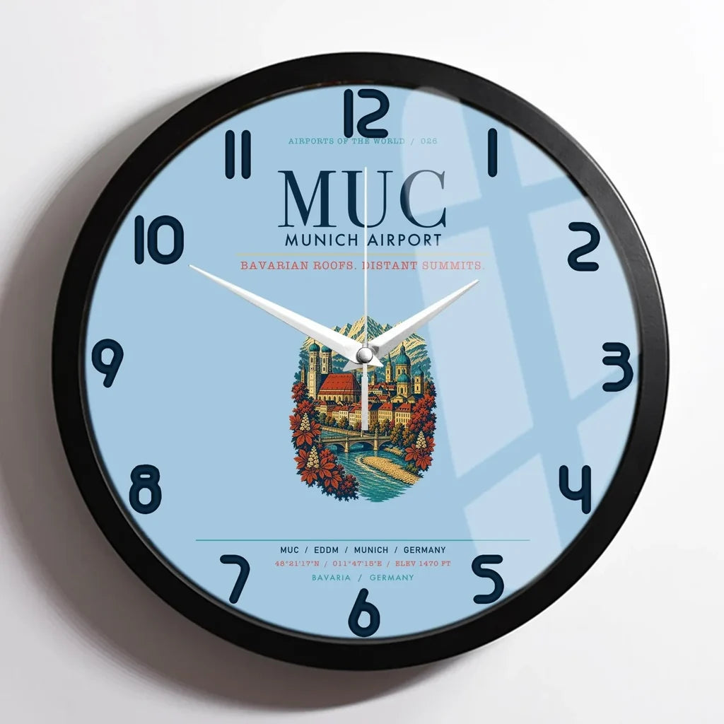 Munich Airport (MUC) design on light blue framed wall clock