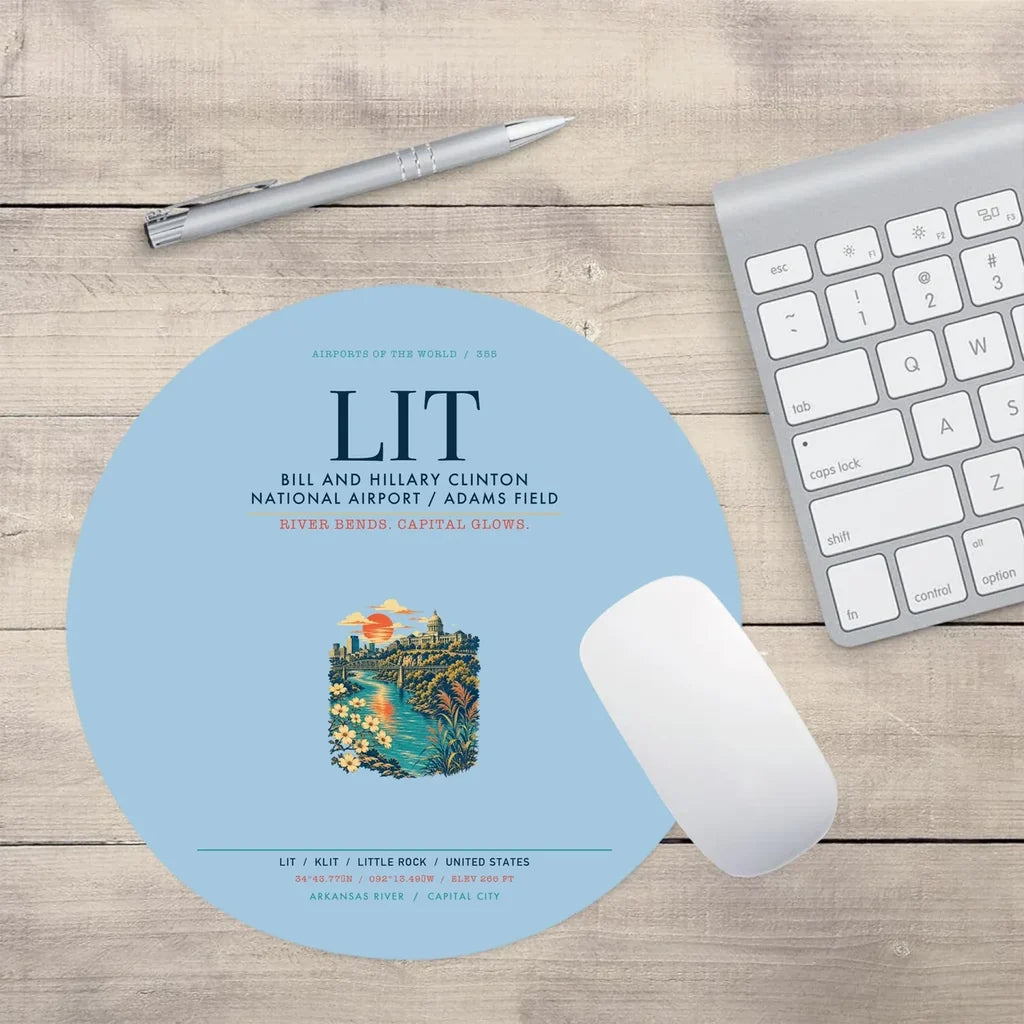 Bill and Hillary Clinton National Airport (LIT) design on light blue round mouse pad