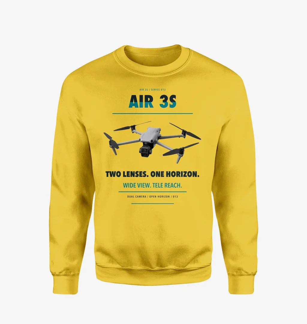 DJI Air 3S design on yellow sweatshirt