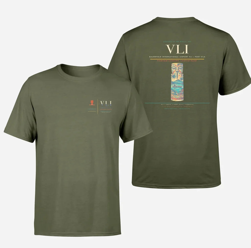 Bauerfield International Airport (VLI) design printed on green army double-side t-shirt