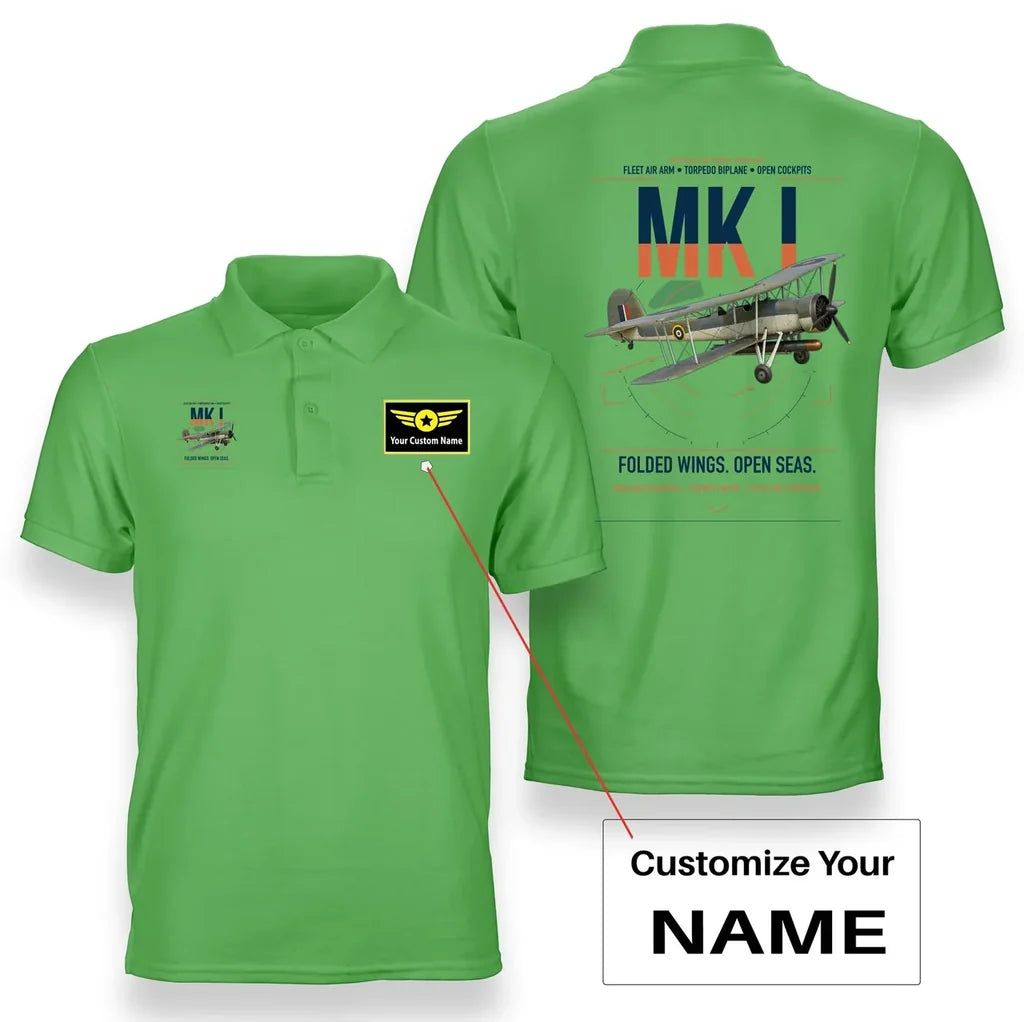 Fairey Swordfish Mk I design on light green+name double-side polo t-shirt, double-side print