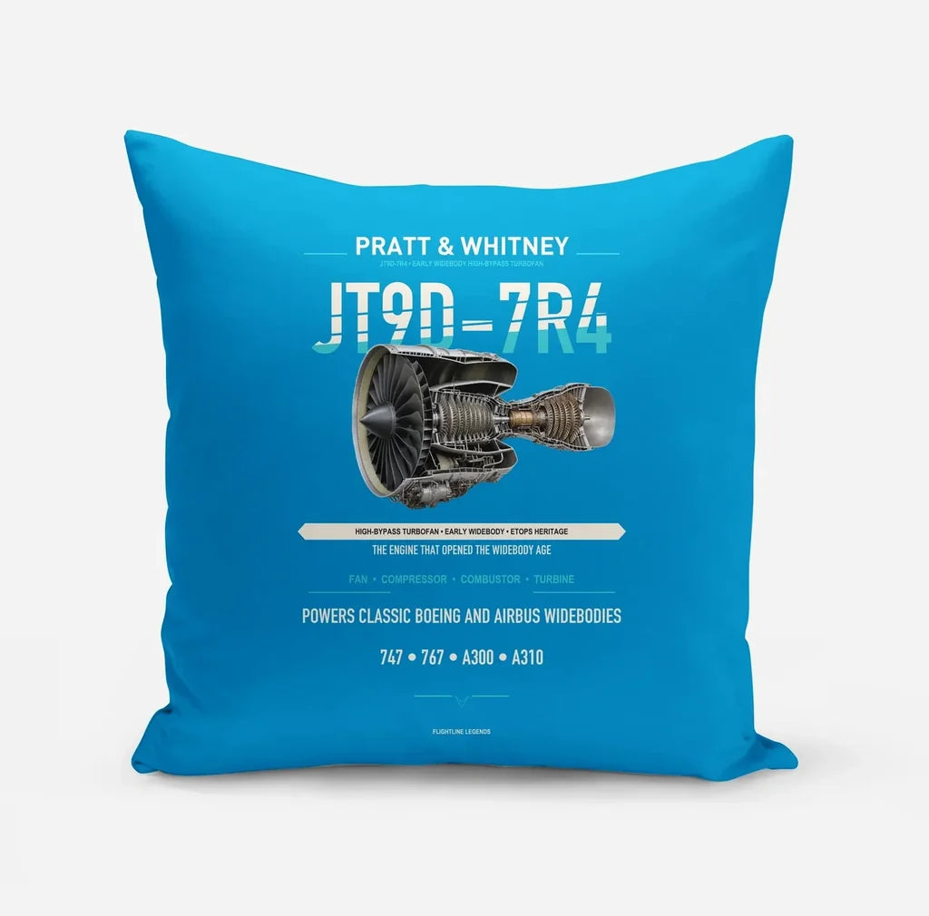 JT9D-7R4 design on turquoise pillow