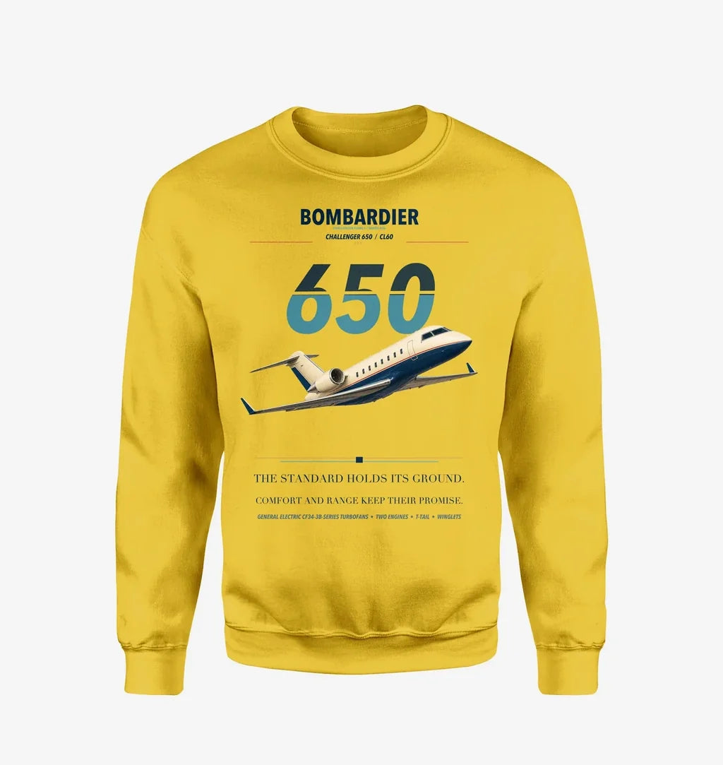 Bombardier Challenger 650 design on yellow sweatshirt
