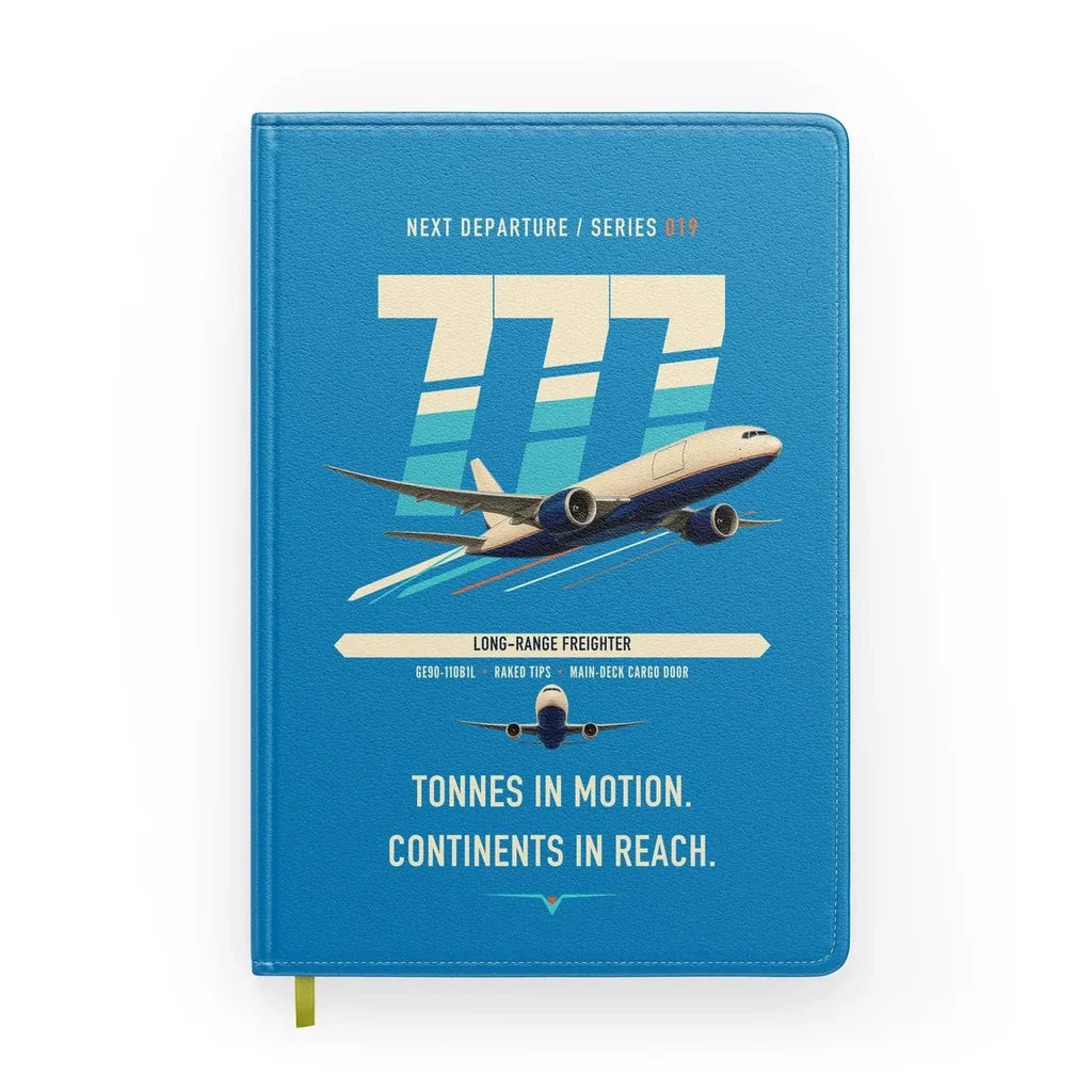 Boeing 777F design on turquoise notebook