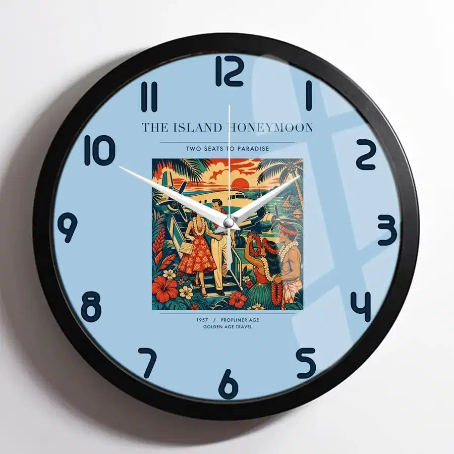 VINTAGE G4104 - The Island Honeymoon - Designed Wall Clocks design on lightblue framed